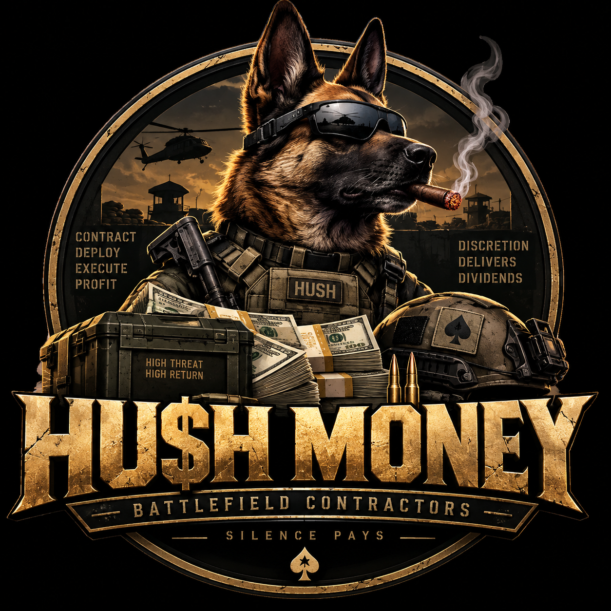 HU$H Money Battlefield Contractors emblem featuring a German shepherd in tactical gear
